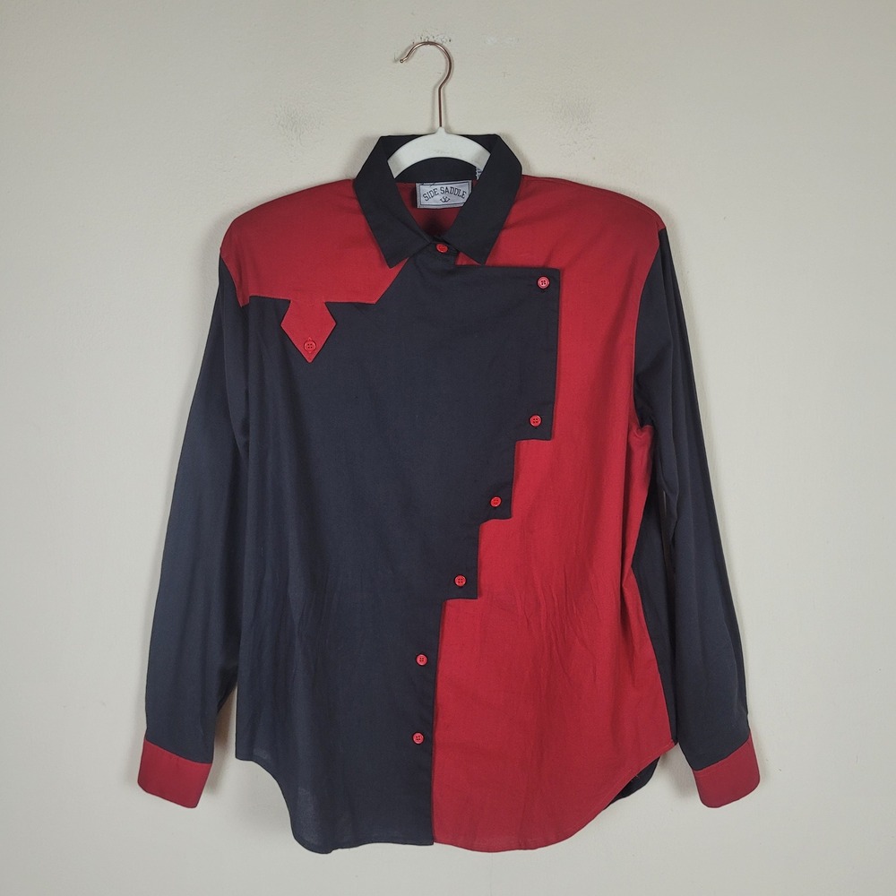 VTG Side Saddle Shirt Med Black Red Colorblock Asymmetrical Western Cowgirl 90s